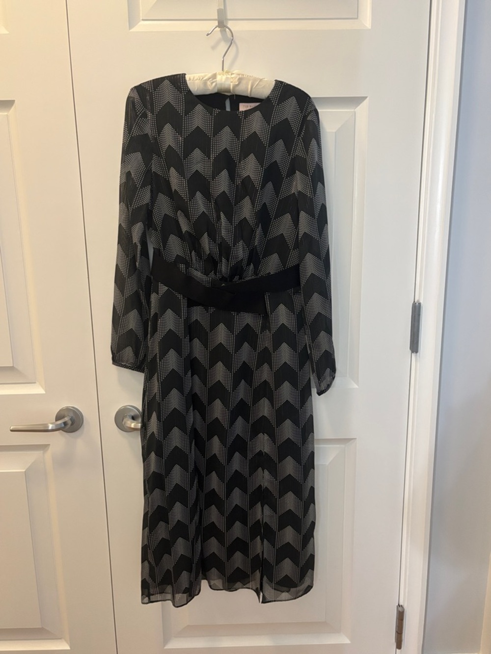 Ted Baker Black and Gray Chevron Midi Dress with Long Sleeves